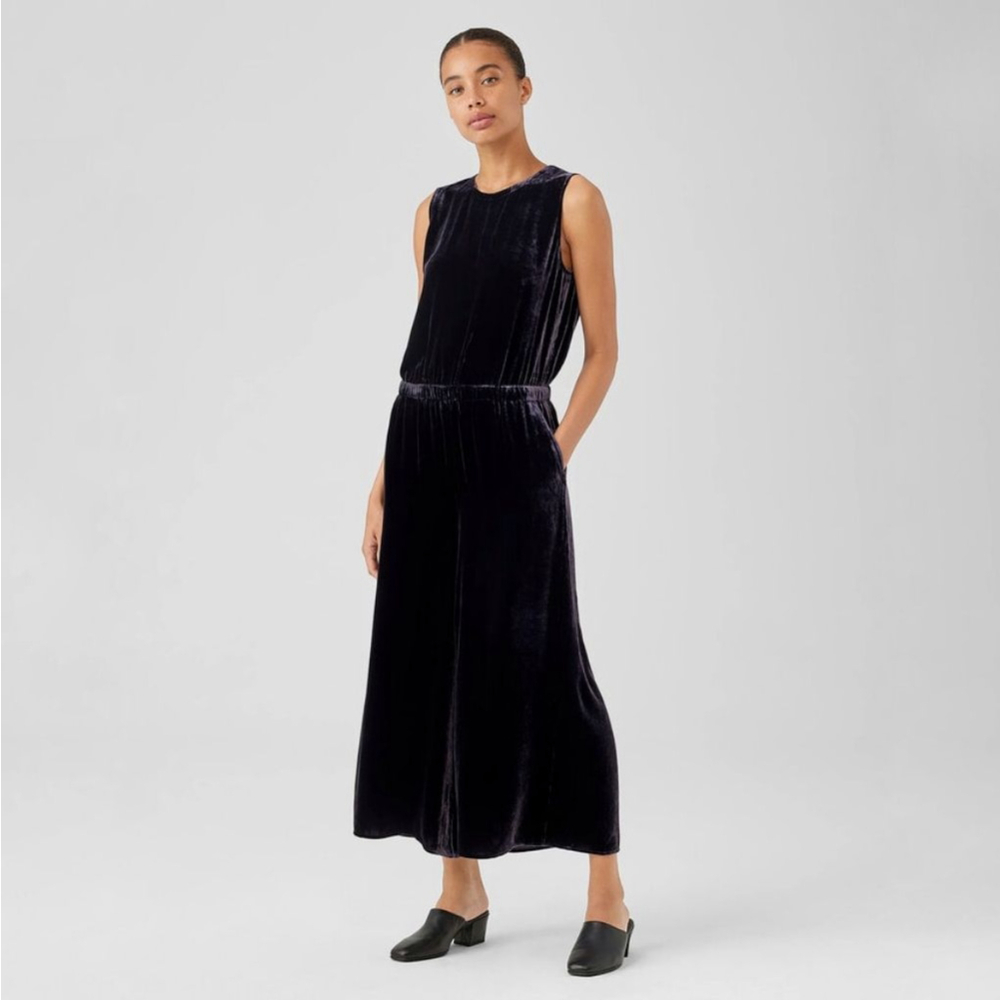 Eileen Fisher Velvet silk Wide-Leg Jumpsuit nocturne dark purple black womens XL